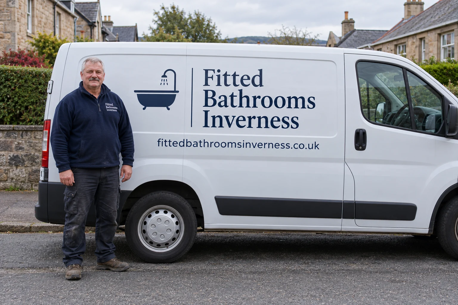A man in workwear beside a professionally signwritten Fitted Bathrooms Inverness van