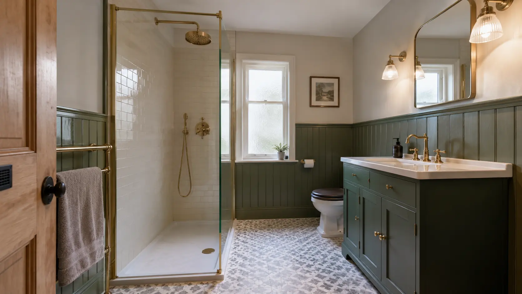 Traditional green bathroom with framed shower